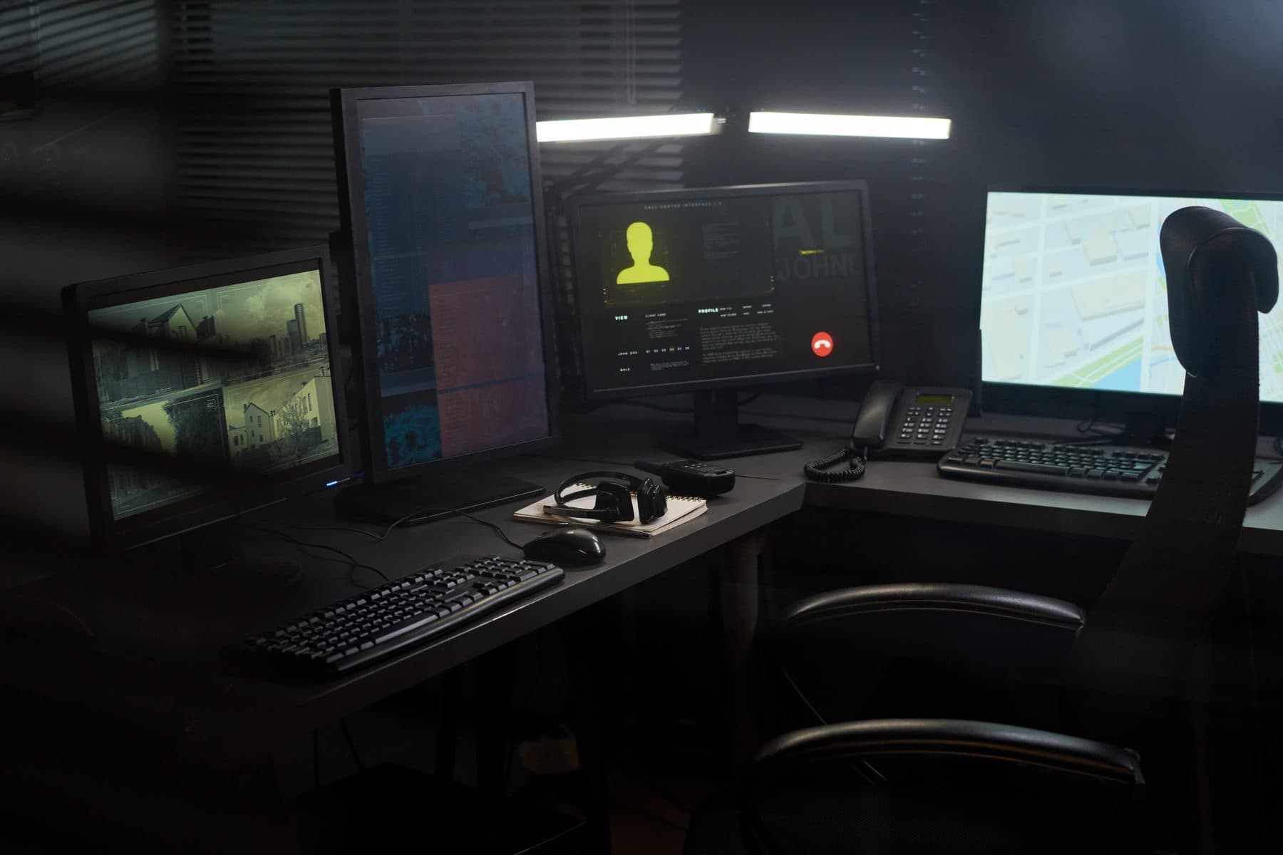 A darkened desk with monitoring screens